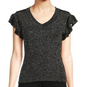 Nanette Lepore Black & Silver Sparkly Metallic Knit V-Neck Top. Size L.